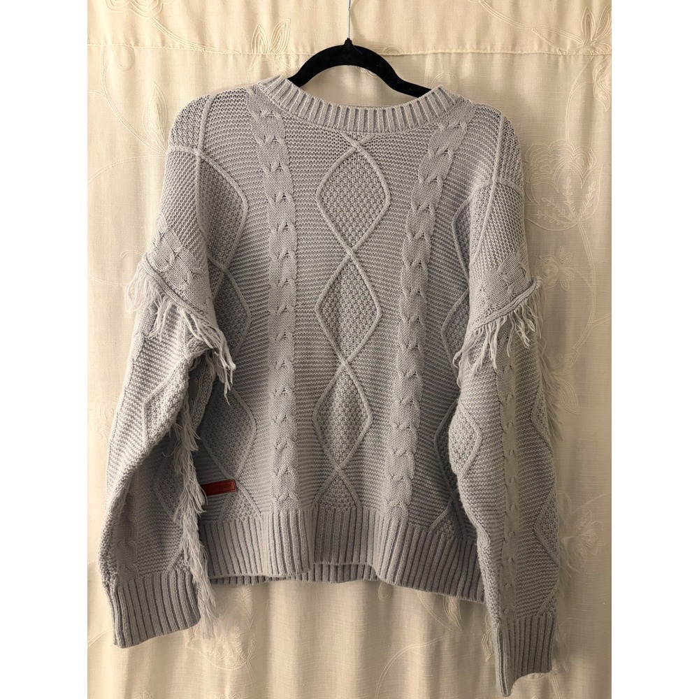 Simply Southern Light Blue Cable Knit Fringe Sleeve Sweater Large Boho Crew Neck